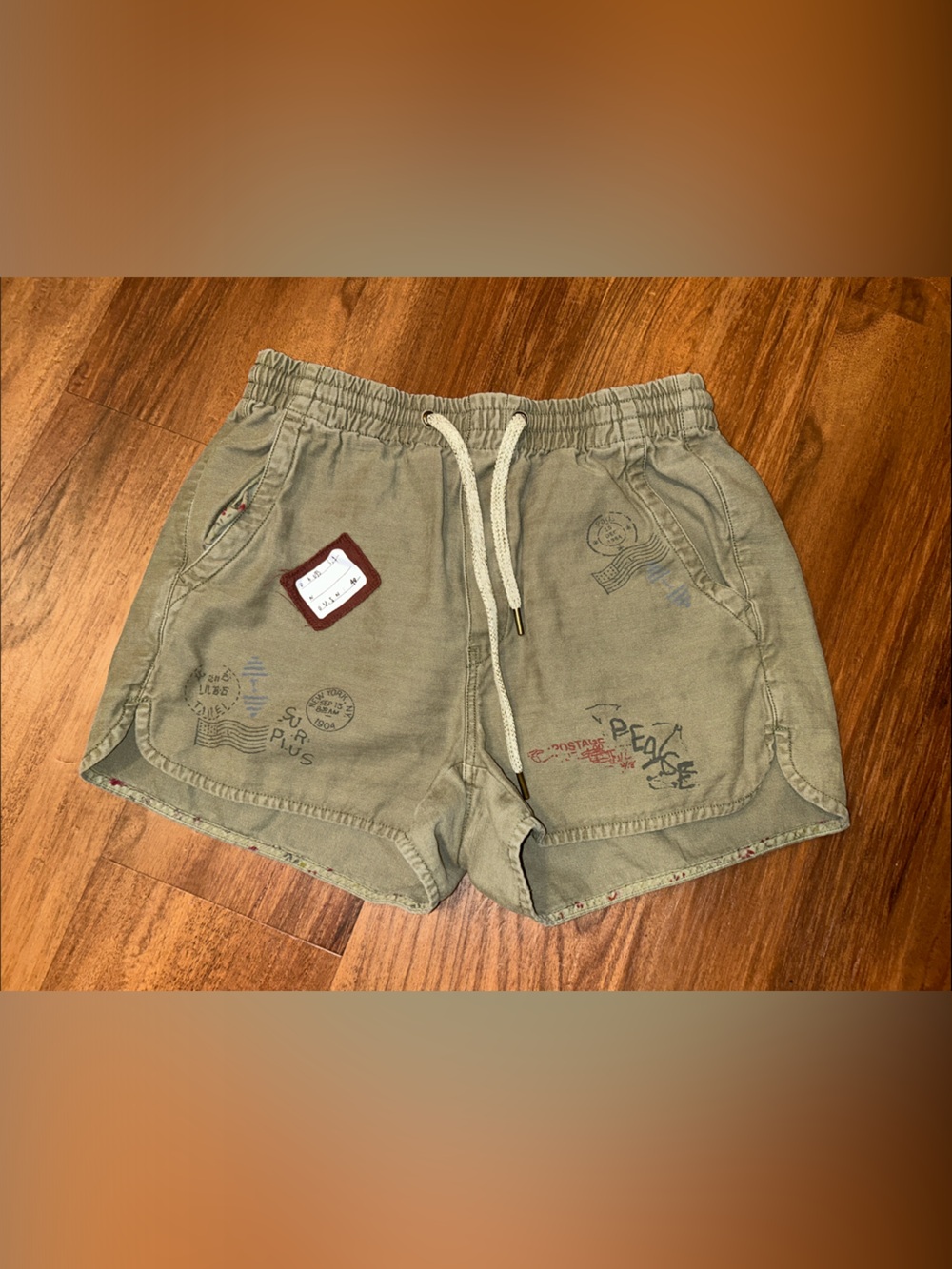 Pilcro Anthropologie Olive Green Drawstring Cotton Postage StampGraphic Shorts S